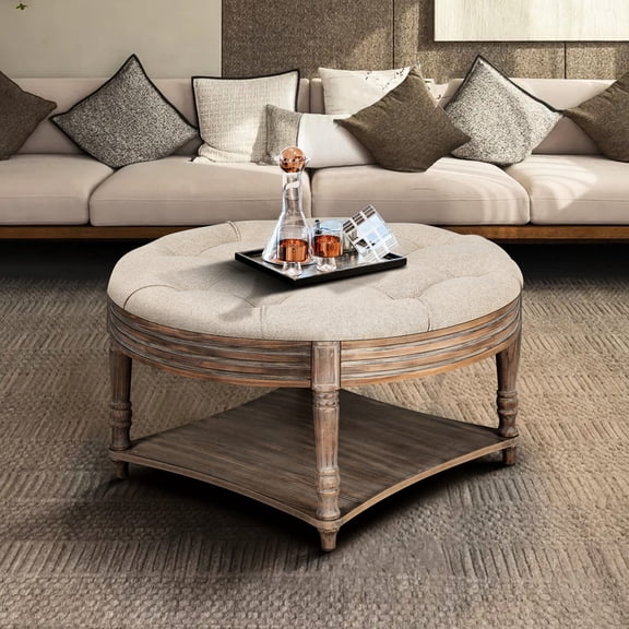 Oversized Round Storage Ottoman / Easy to Assemble in Living Room