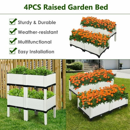 Costway Set of 4 Raised Garden Bed Elevated Flower Vegetable Herb Grow Planter Box - White