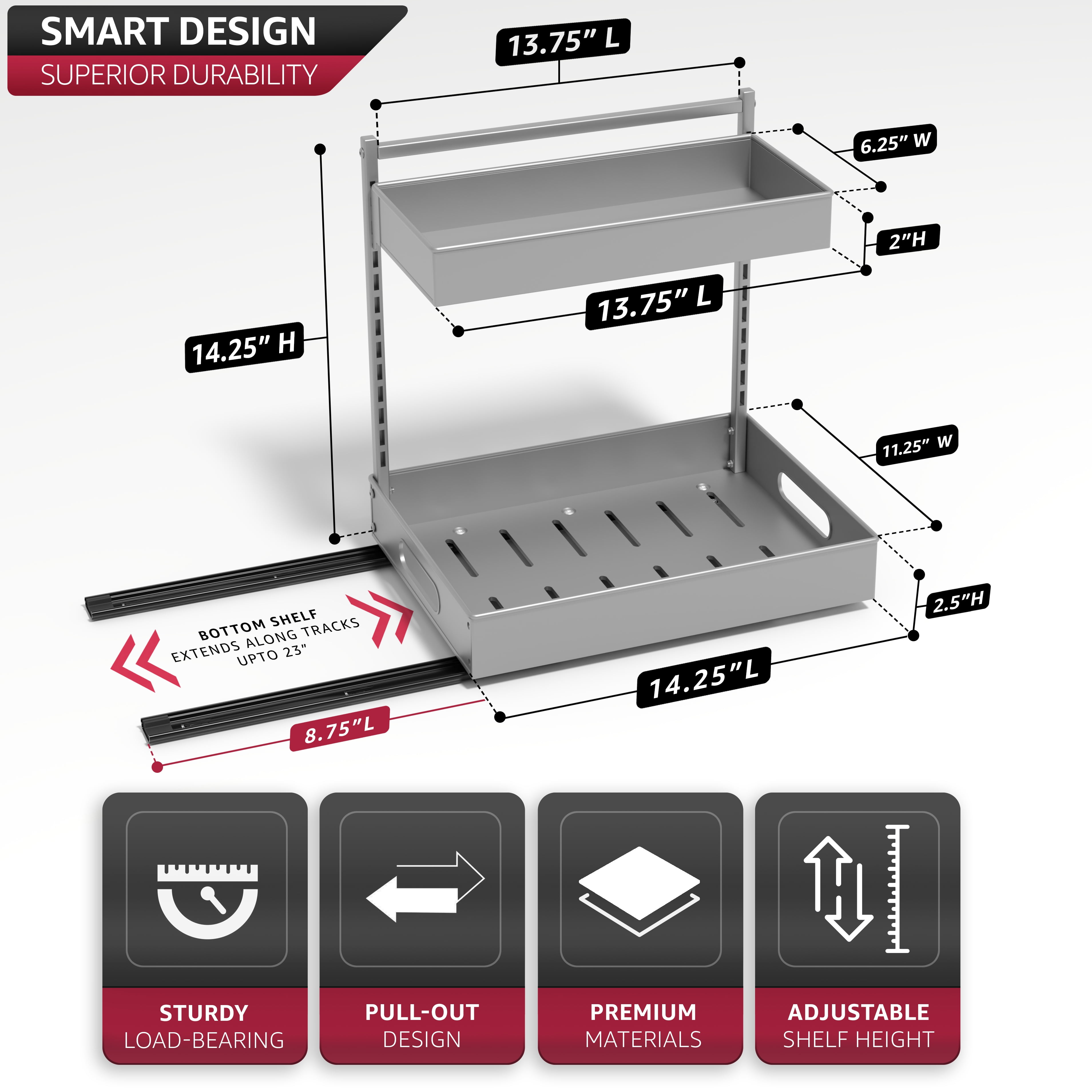 Sorbus 2-Tier Under Sink Organizer with Sliding Drawers, No-Drill Storage Rack (2 pack Silver)