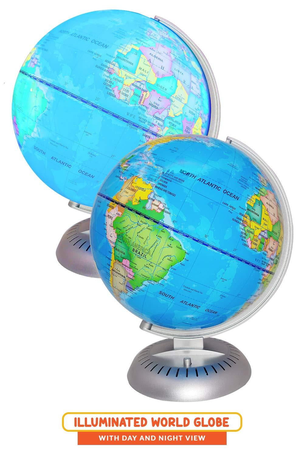 Illuminated World Globe Lights By Kinderberries 8 Globe Of The World With Stand Night Lights For Kids Built In Led Light Earth Globe With Easy To Read Labels For Continents Count