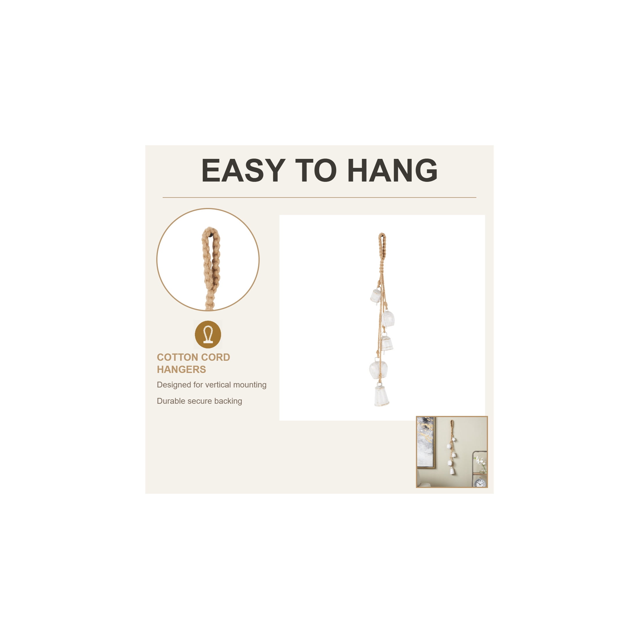 DecMode Tibetan Inspired Cascading White Metal Various Shapes Decorative Bells with 5 Bells on Jute Hanging Rope