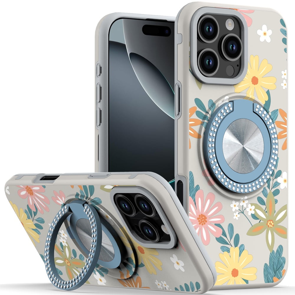 iPhone 16 Pro Max - Metal Matte Design Case + Rotating Ring Stand - Flora