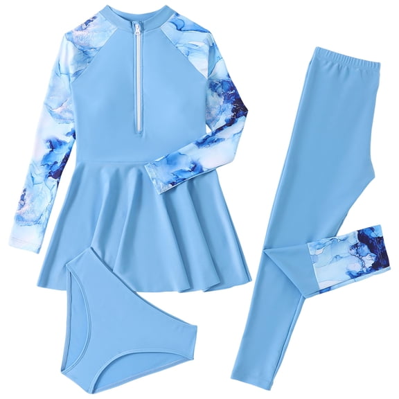 Zanarzt Kids Two Piece Rashguard Swim Set Girls Long Sleeve Swimsuit Bathing Suit Rash Guard with Briefs Pant Swimwear 3 Piece Blue,6-7 Years