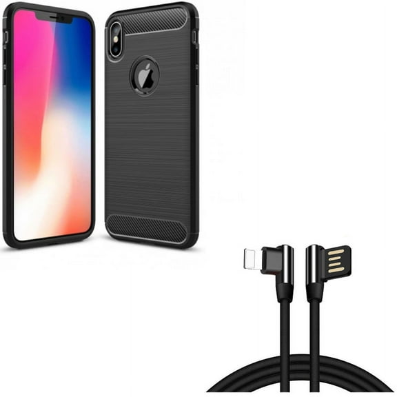 6ft Angle USB Cable w Carbon Fiber Case for iPhone XS Max - Charger Cord Power Wire Sync 90 Degree and Slim Fit Cover Reinforced Bumper Shock Absorbent Black