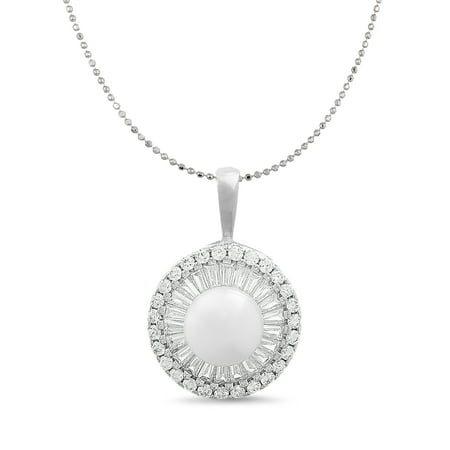 Sterling Silver Plated Bail Pendant - Inspired by You Baguette and Round Shaped Prong Set Freshwater Cultured Pearl and Cubic Zirconia Ballerina Stud Bridal Halo Pendant on 24