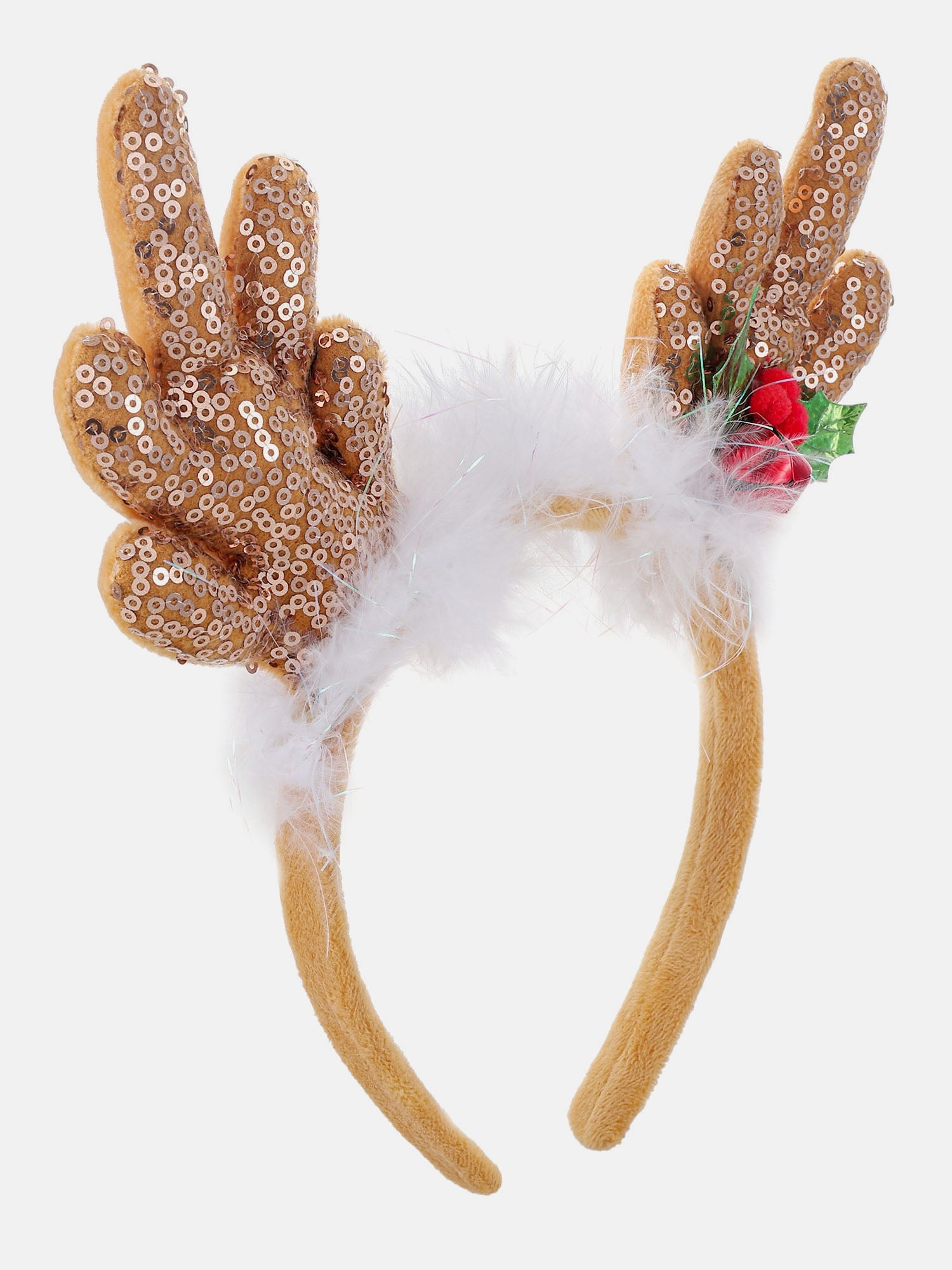 Way to Celebrate Women's Fuzzy Holly Reindeer Antler Headband, Brown, 1 Piece, One Size Fits Most