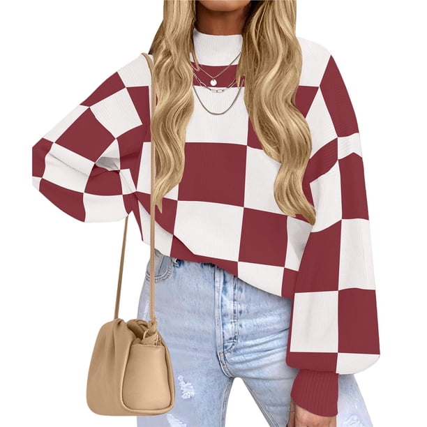 Suéter de Punto Acanalado de Larga con Cuello Alto y Corte Holgado para Mujer, Ideal para Otoño Rojo Vino XXL