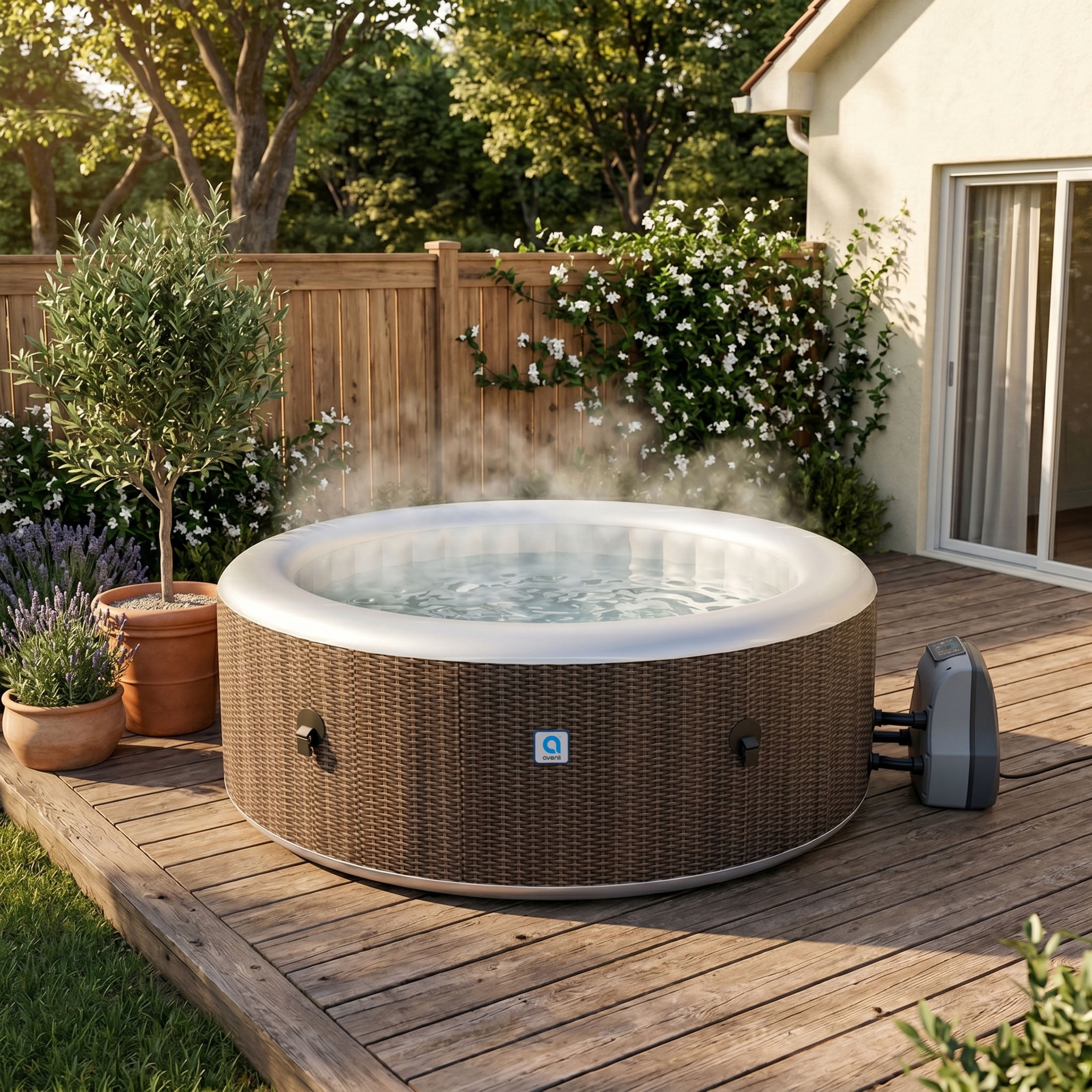 Avenli Nice 4-6 Person Inflatable Hot Tub Spa + Cover, Rattan Pattern, Rapid Heating up to 104°F, 140 Water Jets, 264 Gal, Round