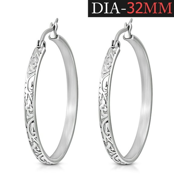 Stainless Steel Silver-Tone Round Floral Hoop Earrings, 1.25"