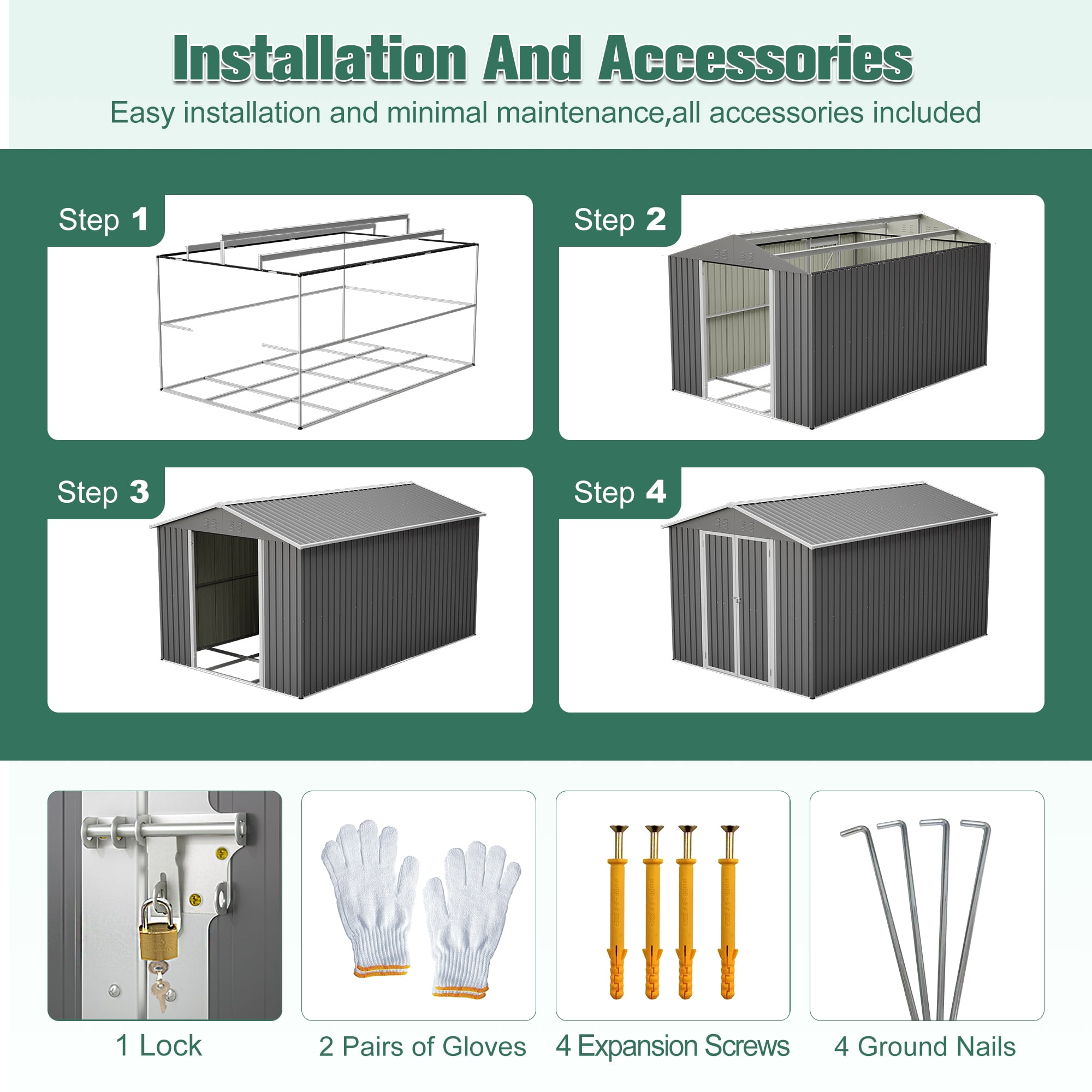 LZBEITEM 8'x12' Outdoor Metal Storage Shed with Floor Frame, Galvanized Steel Garden Shed, Metal Garden Tool Shed with Double Lockable Doors for Backyard Patio Lawn, Gray