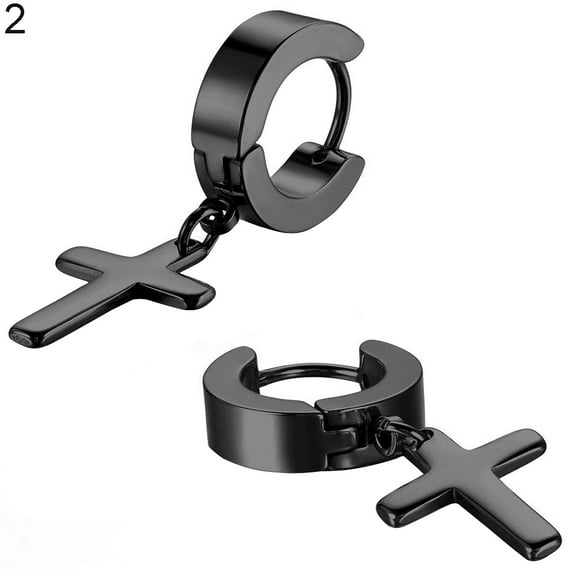Yesbay Men's Women's Stainless Steel Cross Drop Dangle Huggie Hinged Hoop Earrings-Black