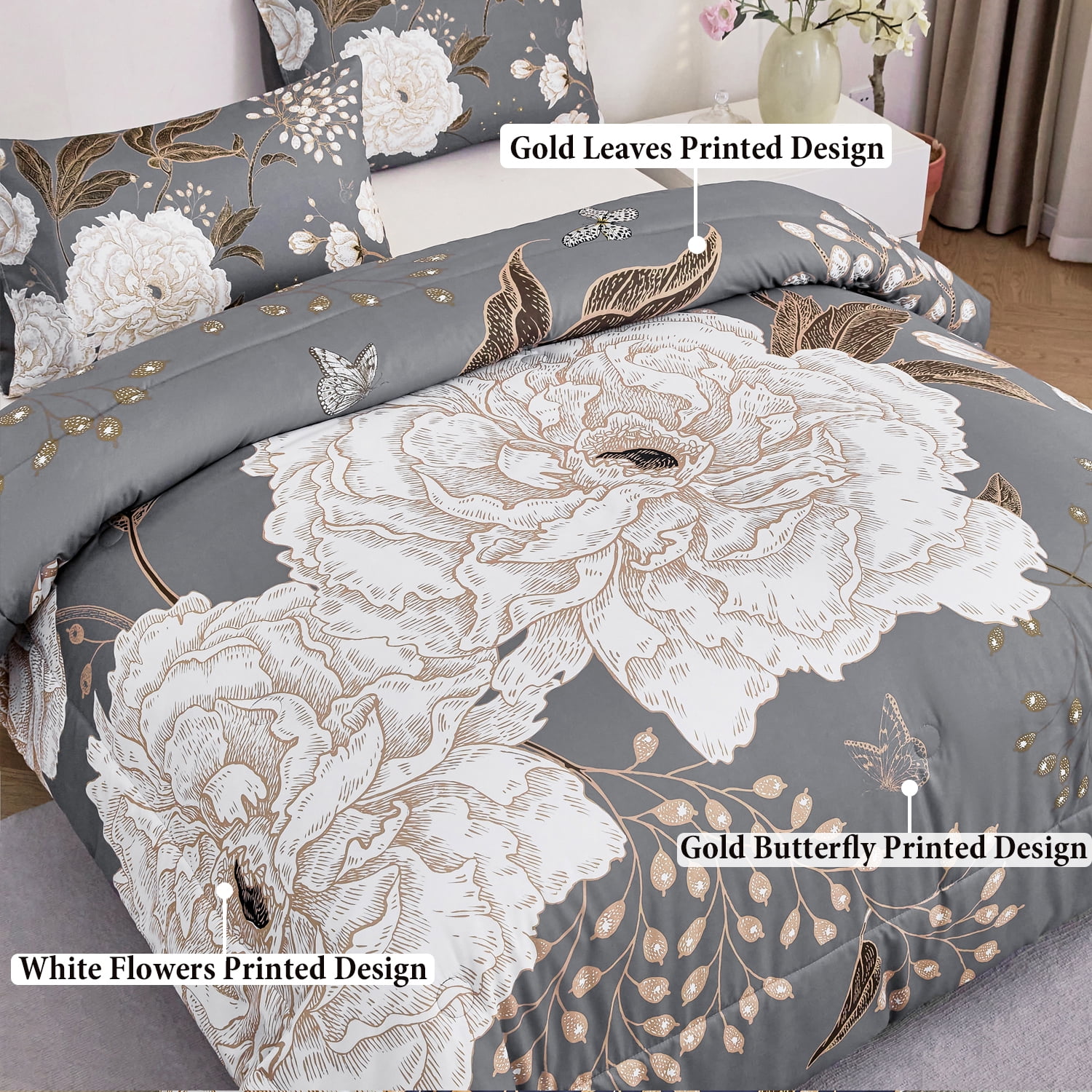 URBONUR 3 Pcs Floral Botanical Comforter Set Full Size White FLowers Bedding Set Gold Leaves Butterfly Printed on Grey Comforter Farmhouse Bedding Set for All Season