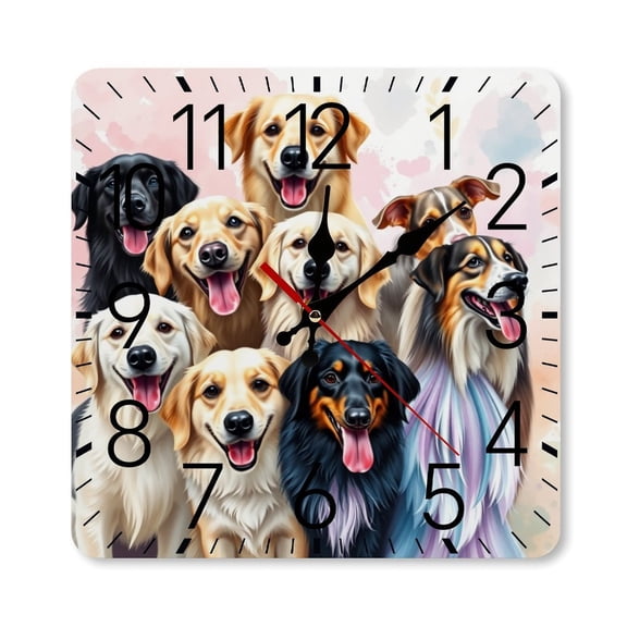 RKSupls 1010inch Square Silent Wall Clock Wooden Frame, Happy Dogs Group Portrait Scale Decorative Clock for Home Bedroom Living Room Office