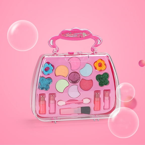 Washable Kids Makeup Kit for Girls, Princess Pretend Play Cosmetic Set with Portable Carrying Case, Shimmer Eyeshadow Lipstick Brushes, Safe Non-Toxic Beauty Toy Gift for Toddlers 3