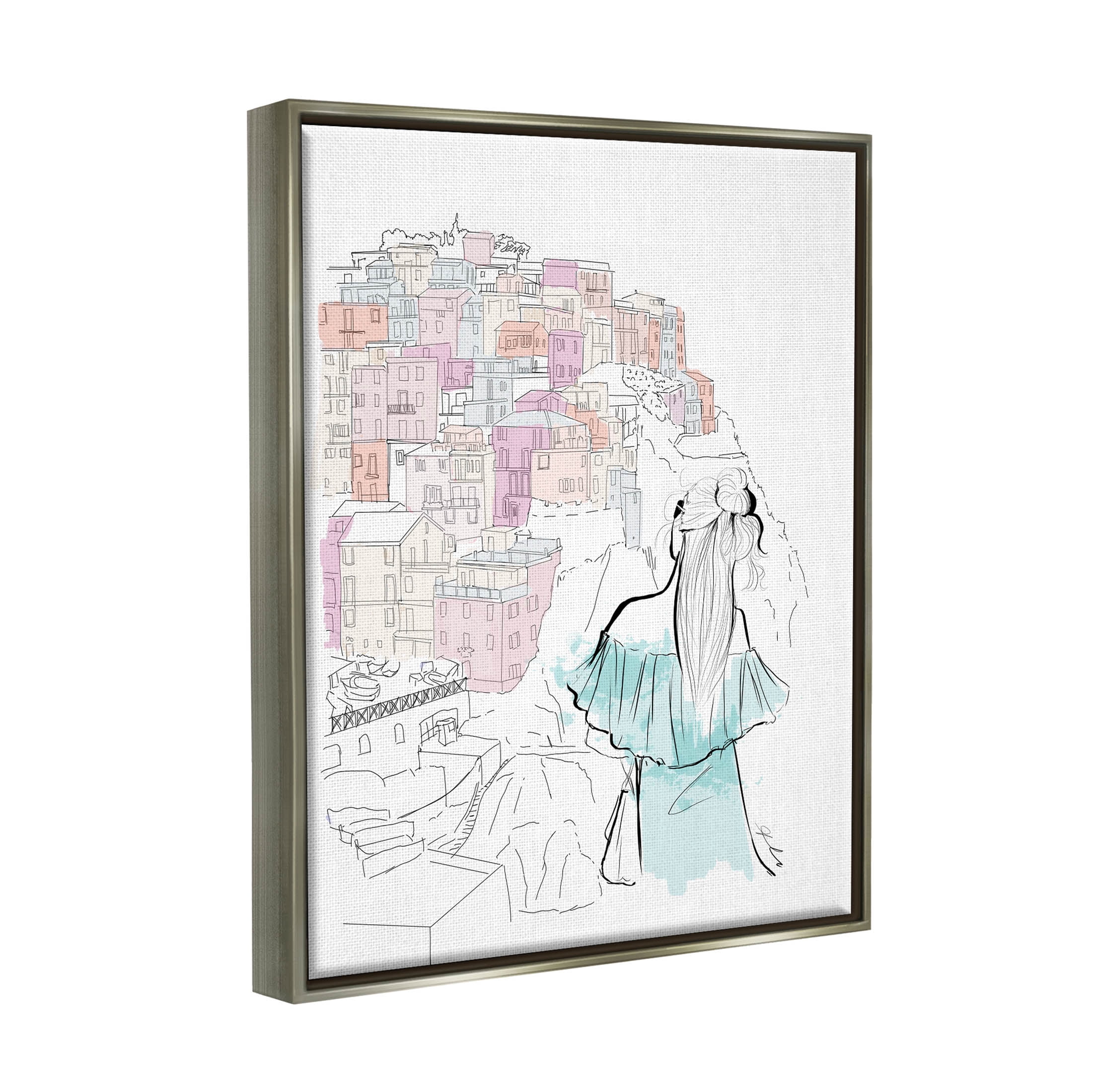 Stupell Industries Stylish Girl Overlooking City Graphic Art Luster Gray Floating Framed Canvas Print Wall Art, Design by Alison Petrie