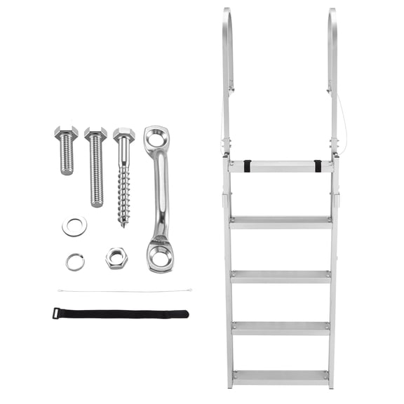 KFFKFF Retractable Dock Ladder with 5 Steps, Aluminum Alloy Construction, Non-Slip Wide Steps, 350 lbs Capacity, Adjustable Height, Ideal for Swimming, Pool Access, Boat, and Marine Use