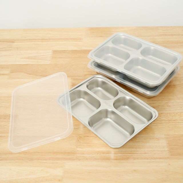 Wekvgz 3Pcs Stainless Steel Divided Plates with Lids 4 Compartment Stainless Steel Snack Plate Reusable Divided Plate Tray Dustproof Stainless Steel Meal Containers for Home School