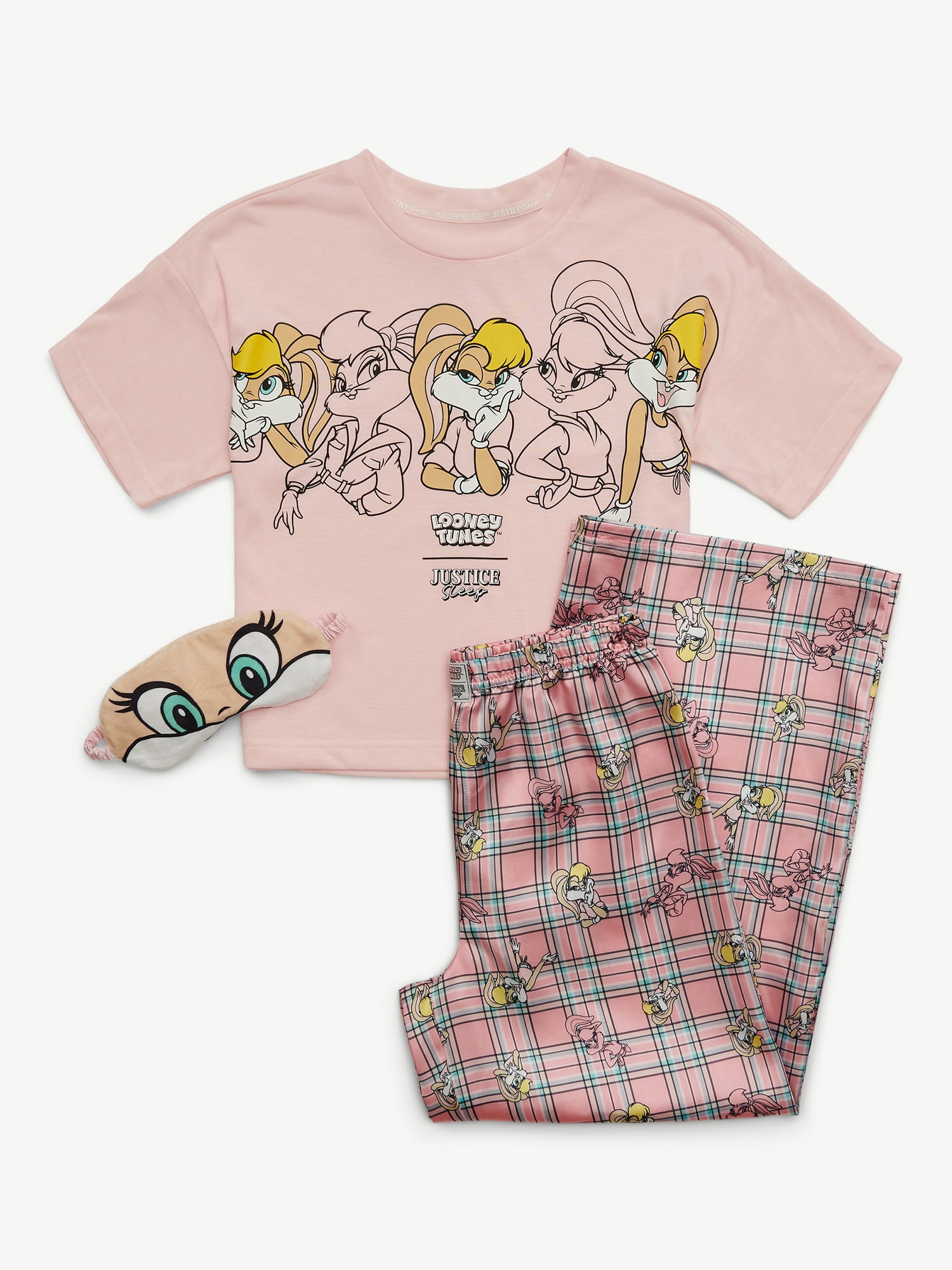 Looney Tunes X Justice Girls Short Sleeve Sleep Top and Sleep Pants with Eyemask, 3-Piece, Sizes 5-18