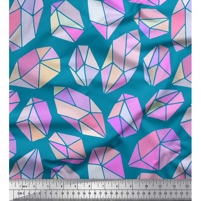 Soimoi Blue Silk Fabric Crystal Stone Geometric Decor Fabric Printed Yard 42 Inch Wide
