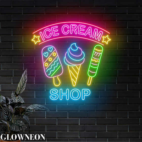 Glowneon Ice Cream Shop Neon Sign, Open Ice Cream Dessert Shop Decor