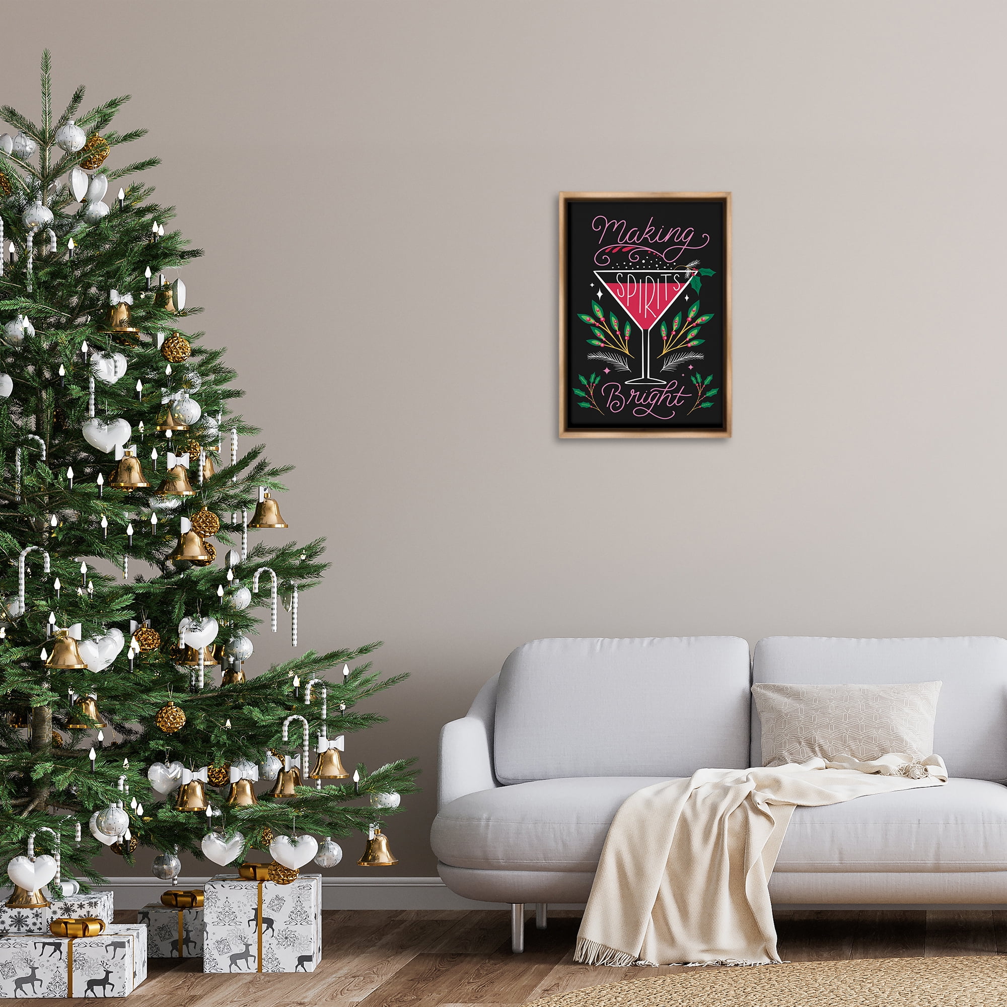 Stupell Industries Making Spirits Bright Martini Holiday Painting Brown Floater Framed Canvas Art Prints Wall Art, 17 x 25