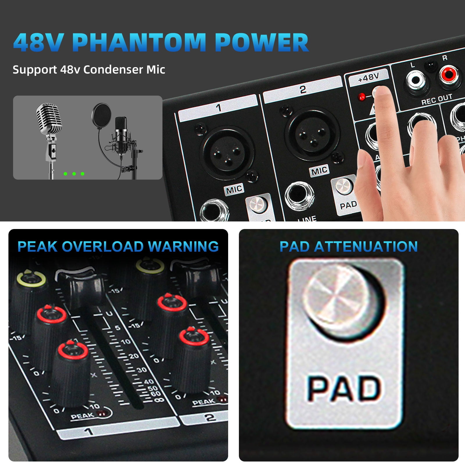 6 Channel Mixer Audio, Professional Music Sound PA Mixer DJ Mixing Board Console with 99 DSP Effects, 5-band EQ, Bluetooth, USB Interface, 48V Phantom Power for Recording Stage Karaoke