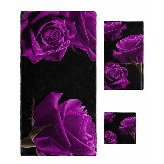 Purple Rose Towel Set of 3, Soft Microfiber Bath Towels, Hand Towel, Washcloths, Vintage Abstract Garden Flower Floral Black Quick-Dry Absorbent Towels for Bathroom Kitchen Hotel Beach Gym Spa