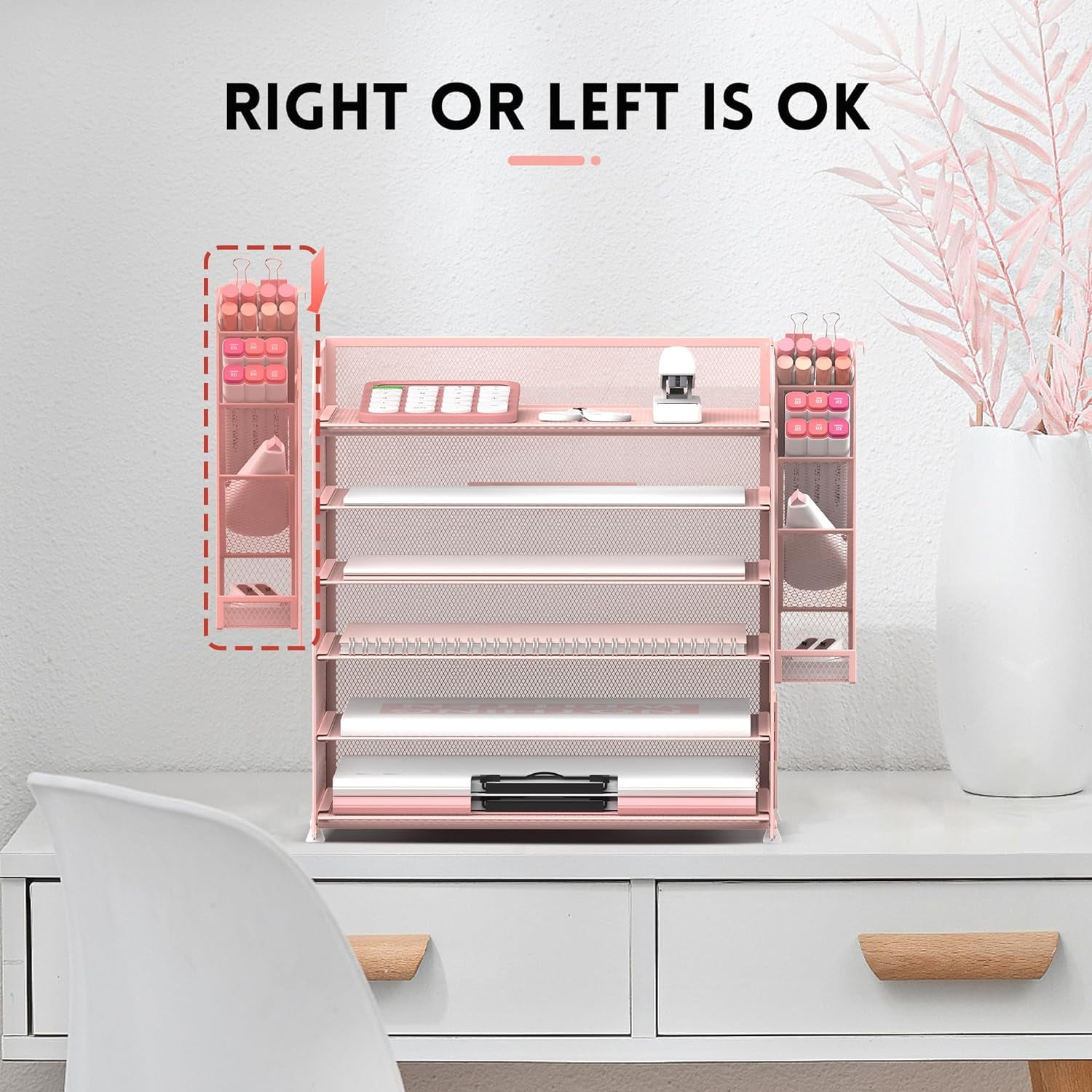 INTIGE 6 Tier Metal File Organizer with 4 Pen Holders and Handle, Desk Paper Organizer, Pink, Need Mount