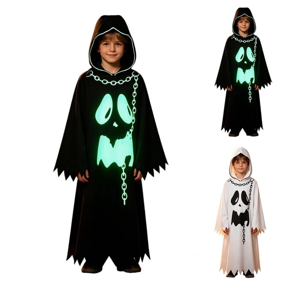 Ghost Cosplay, Ghost Costume, Ghost Outfit, Ghost Roleplay, Ghost Cos, Glow In The Dark Ghost Robe Costume Hooded Phantom Outfit With Chain Halloween Spooky Wear for Trick Or Treat, Black 110
