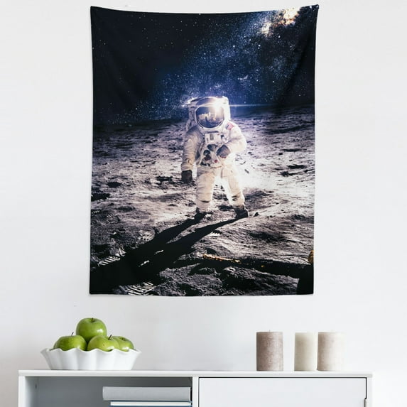 Space Tapestry, Spaceman on Moon Surface Orbit Science Exploring Expanding Horizons Picture, Fabric Wall Hanging Decor for Bedroom Living Room Dorm, 5 Sizes, Dark Blue and White, by Ambesonne