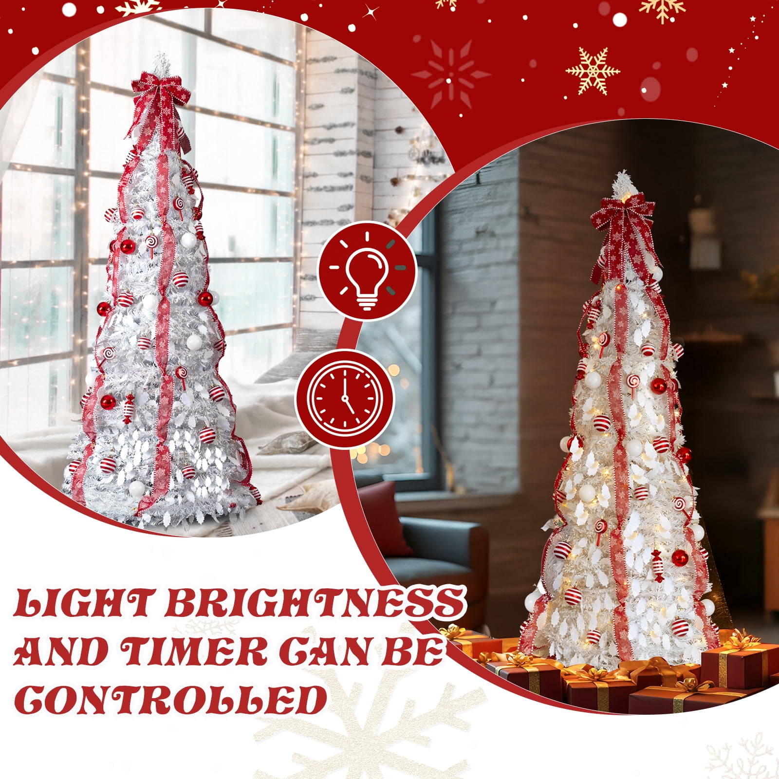Astoutdoor 6 ft Pre-lit Christmas Tree, Pop Up Artificial Xmas Tree with 100 Warm Lights and Red Ornaments, White