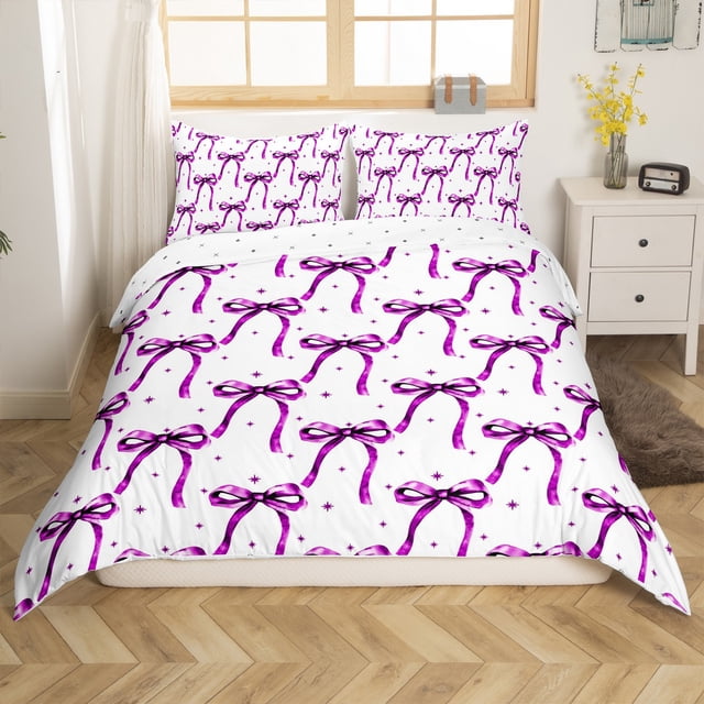 Erosebridal Girly Bow Duvet Cover King,Purple Star Bedding King Size,Dreamy Princess Decor,Reversible,Breathable,3-Piece(No Comforter)