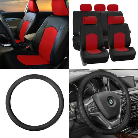 FH Group, Perforated Leather Seat Covers for Auto Car Sedan SUV, Full Set with Leather Steering Wheel Cover, 8 Colors