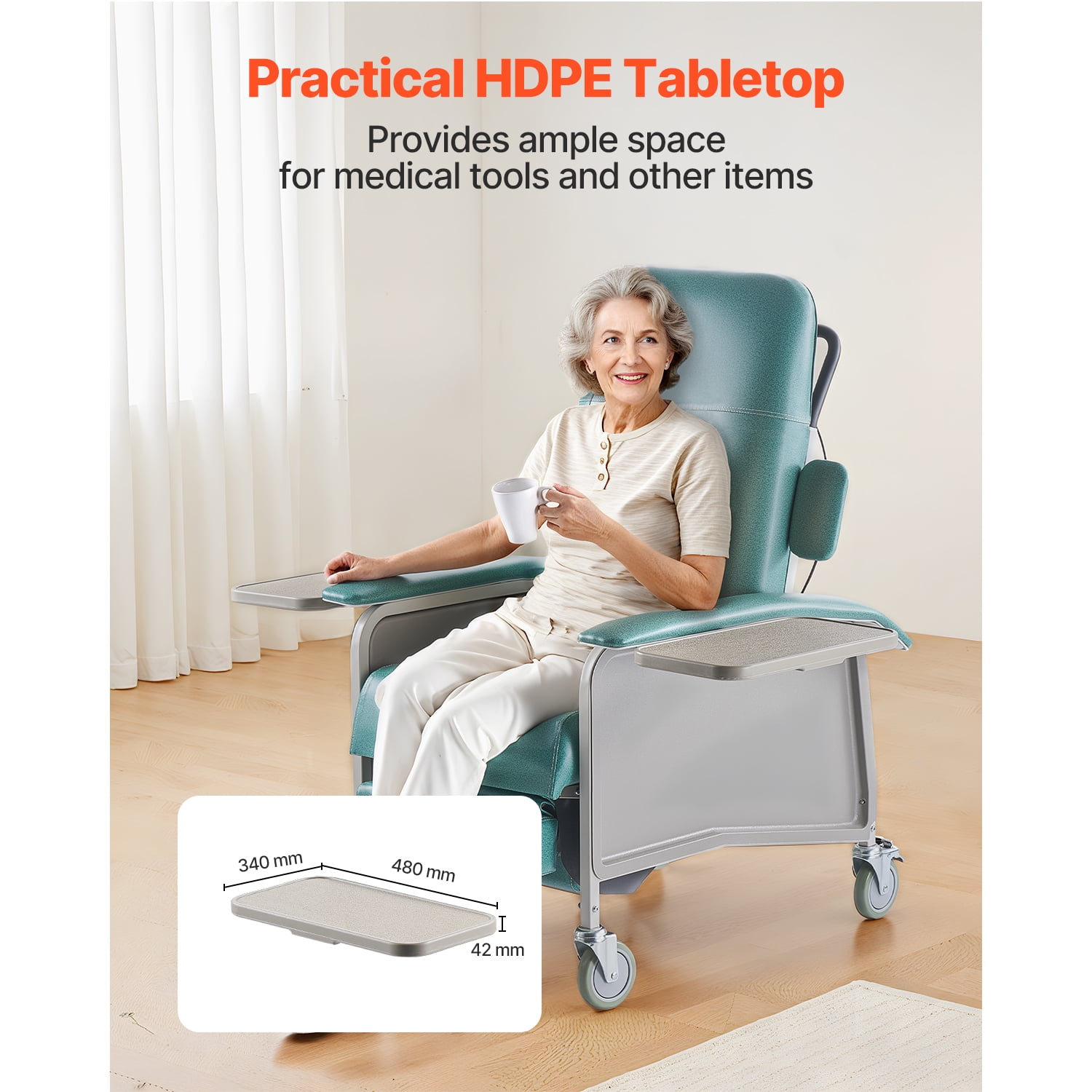 KFFKFF Adjustable Medical Recliner Chair with 4 Positions, Trendelenburg Design, Comfortable Padded Seat, 4 Wheels, and Dual Trays for Healthcare Facilities and Home Care