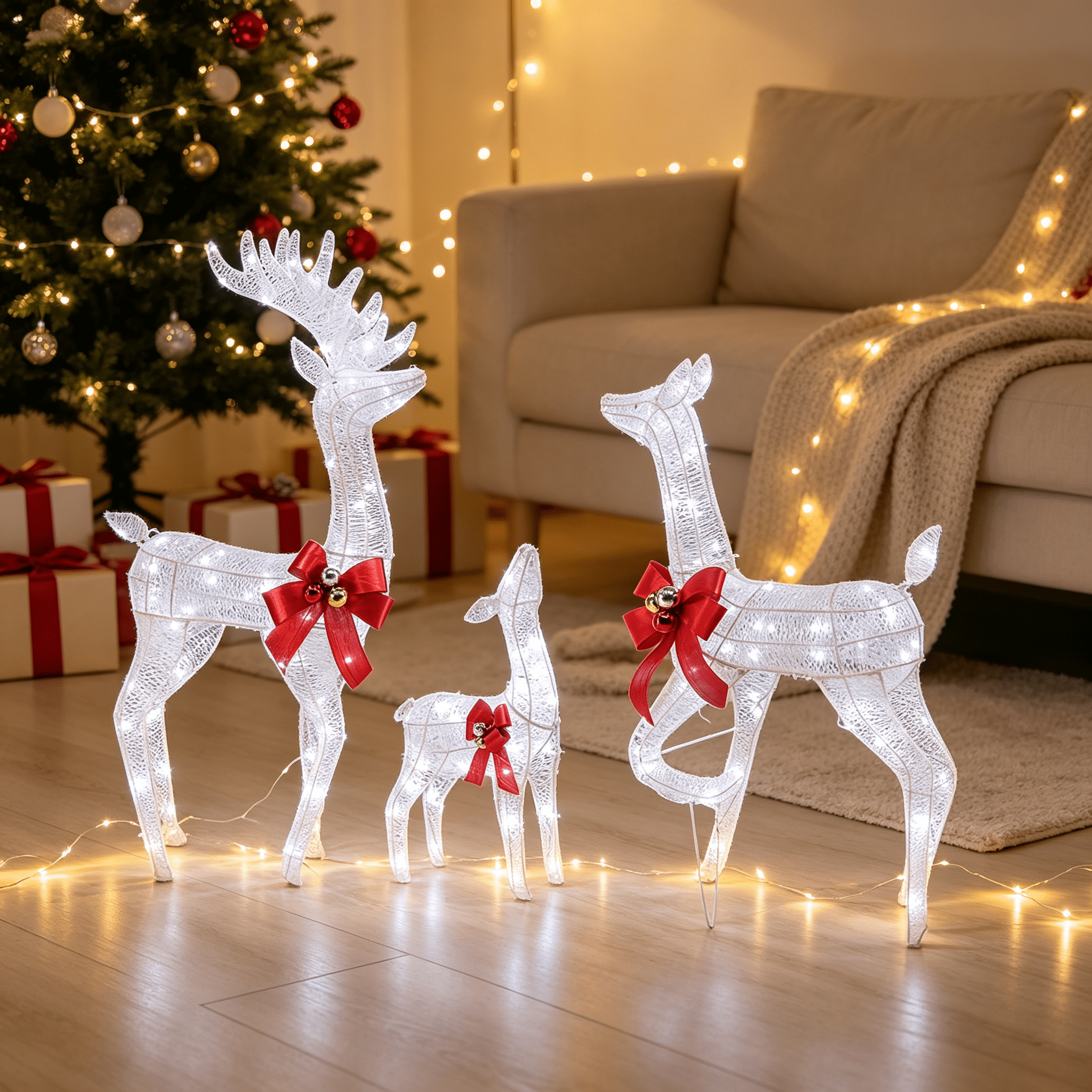 Astoutdoor 3-Piece White Iron Frame Elk Decoration Set with Lights, 54 x 20 x 122 cm