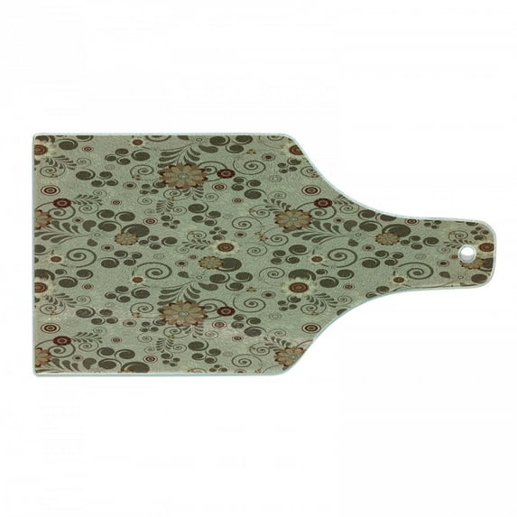 Grunge Cutting Board, Floral Pattern with Fantasy Elements Swirls Curves and Dots Retro Colors, Tempered Glass Cutting and Serving Board, Wine Bottle Shape, Tan Redwood Pale Brown, by Ambesonne