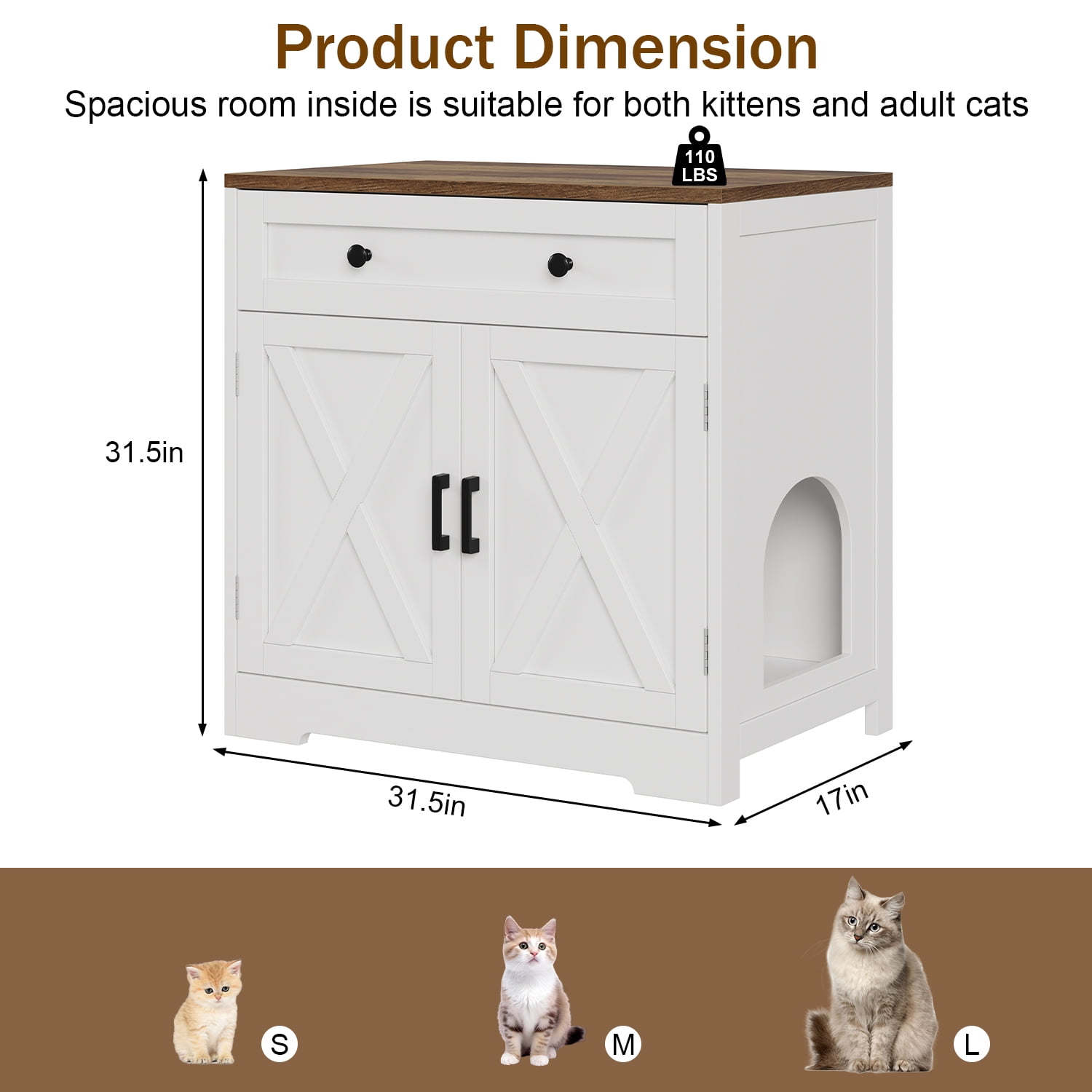 Cat Litter Box Enclosure with Storage Drawers, White Hidden Litter Box Furniture | Modern Farmhouse Style Indoor Cat House | Multi-Functional Side Table, Cabinet or Nightstand for Home