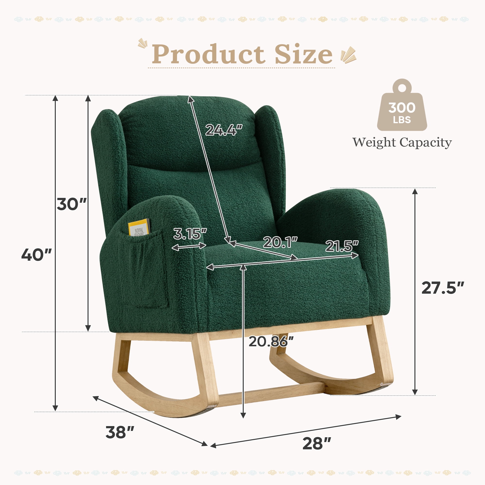 Muumblus Nursery Rocking Chair, Wingback Glider Rocker, Indoor Uphlostered Rocking Chair, Green Teddy