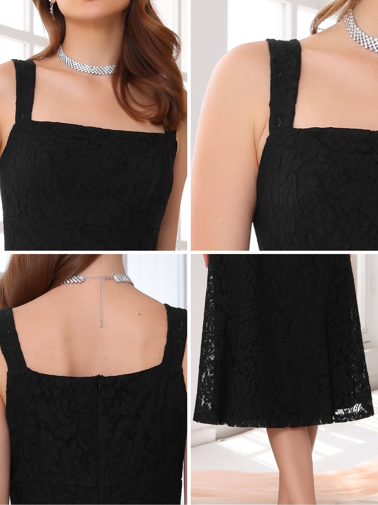 DARING DIVA Women's Lace Prom Straps Square Neck Sleeveless Midi Dress M Black