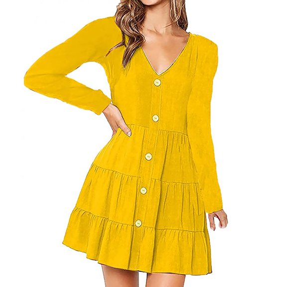 Long Sleeve Dress for Women V Neck Button Down Solid Color Ruffle Dress Casual Loose Comfy A Line Swing Mini Dresses