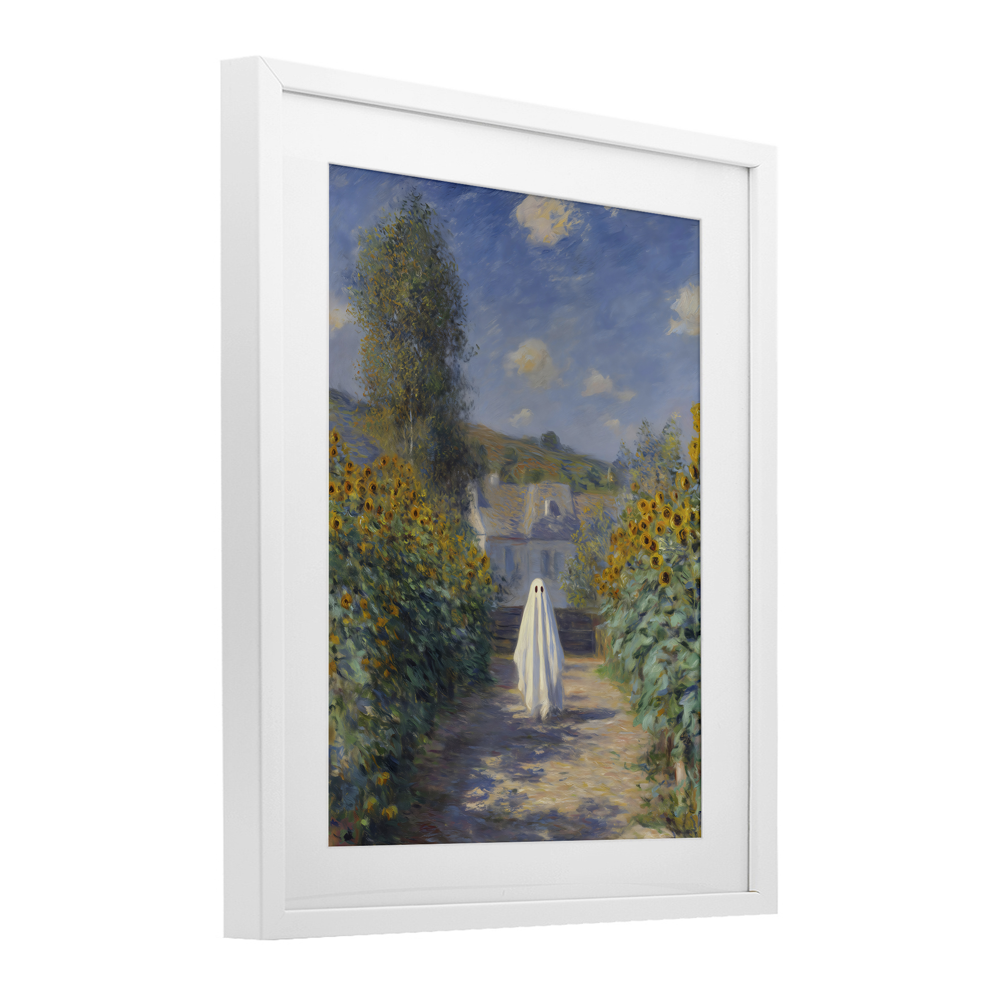 Monet Style Sunflower Ghost White Framed Print Under Glass, design by Arlington Prints
