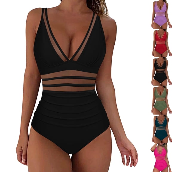Sevevn Women's Tummy Control Swimsuits Mesh One Piece Bathing Suits Slimming V Neck Swimwear