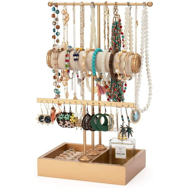 Organizador de joyería, estante alto de almacenamiento de collares de 3 niveles, con bandeja para joyería, soporte de árbol joyas, Para guardar y exhibir anillos, collares, aretes, pulseras