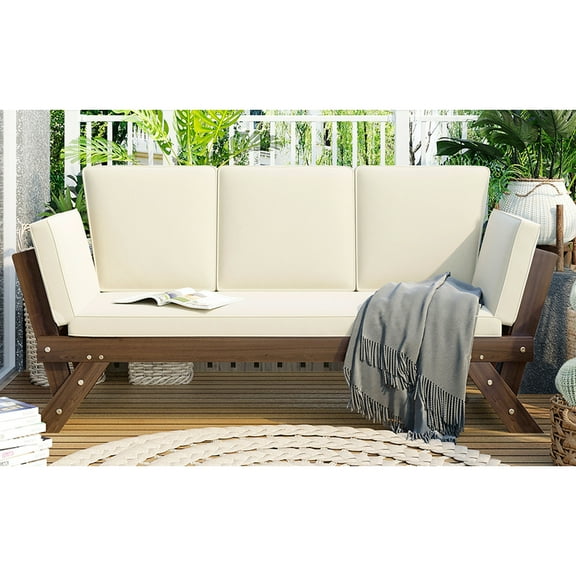 Outdoor Adjustable Daybed With Comfortable Seating - Ideal For Small Yards, Brown   Beige Zippered Cushion Covers To Water And Sun,