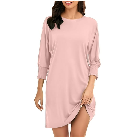 Diufon Women's Long Sleeve Casual Dresses Spring Summer Loose Crewneck Dress Solid Color Home Dress with Pockets