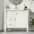thumbnail image 2 of Euroco 36" Bathroom Vanity with Sink, Freestanding Bathroom Cabinet with Ceramic Basin, Flip Drawer, Adjustable Shelf, Rubberwood Frame & MDF Panels, Metal Handles, White Painted Finish, 2 of 9