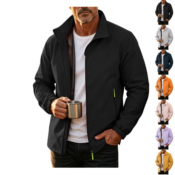 JTSRKL Windbreaker Jackets for Men Lightweight Stand Collar Zip Up Fleece Lined Softshell Coats Waterproof Rain Casual Hiking Daily Outerwear