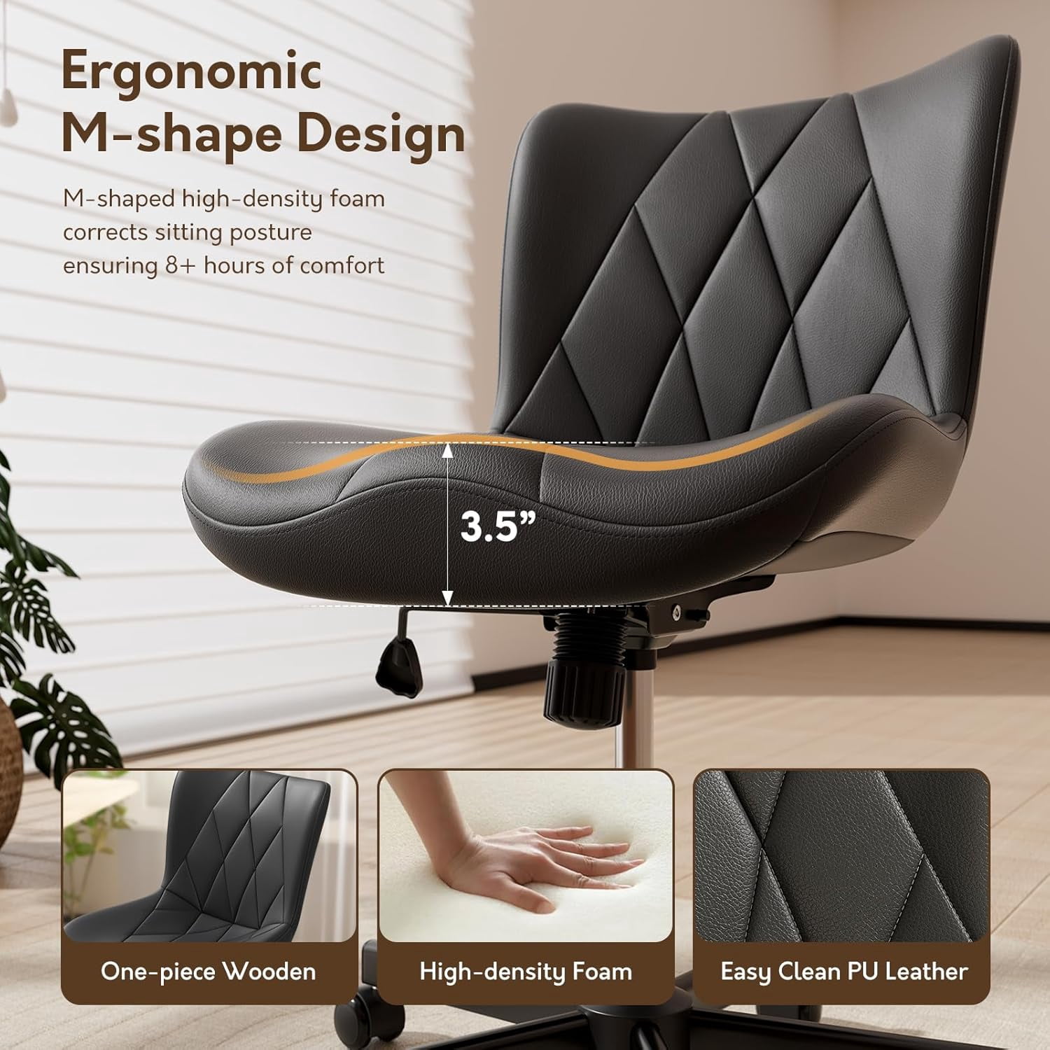 HomeZeer Space Saving Armless Office Chair with Wheels, Adjustable Height PU Leather Swivel Computer Task Chair, Soft Padded Mid Back Vanity Chair Design for Home Office & Small Spaces, Black