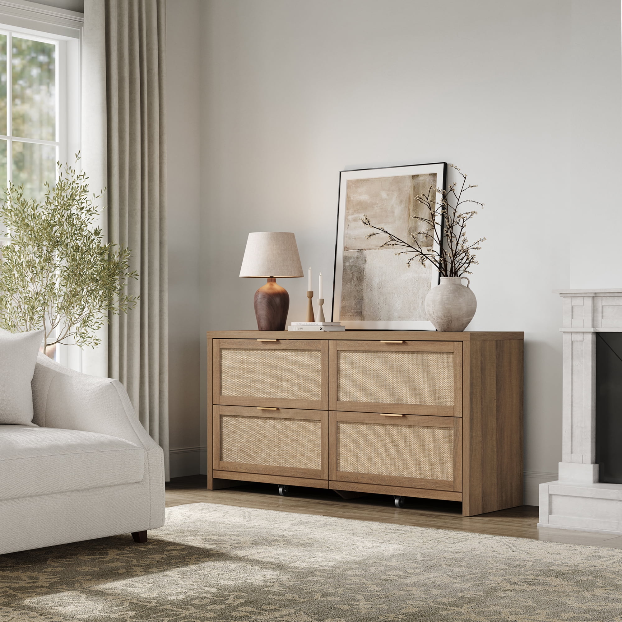 SICOTAS 60.83" Wide Large 4 Drawer Dresser for Bedroom, Oversized Rattan Dressers with Gold Handles & Rolling Wheels, Boho Dresser TV Stand up to 70" TV for Living Room, Oak