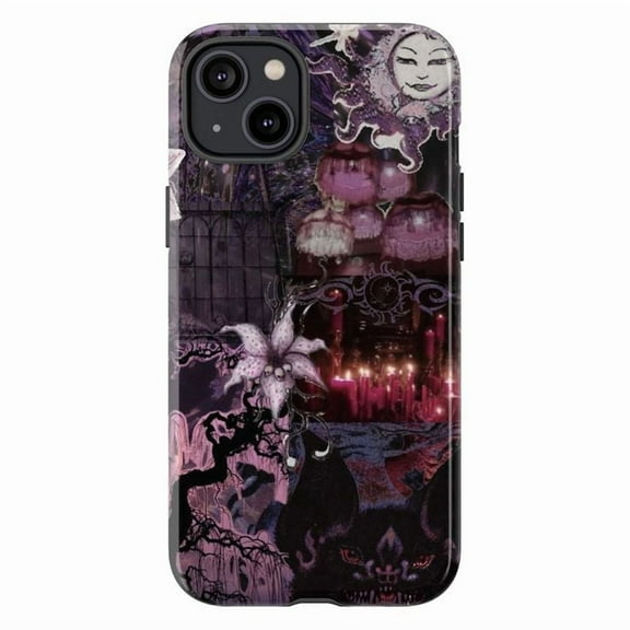 Dark Gothic Collage Phone Case, Vintage Aesthetic Purple and Black Art Protective Phone Cover for iPhone 16 15 14 13 12 11 Pro Max Mini Plus